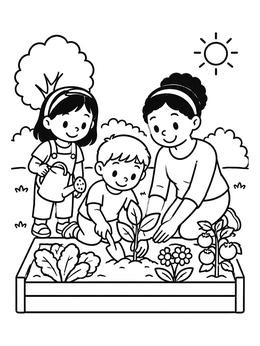 Free printable Family Gardening In Raised Bed coloring page