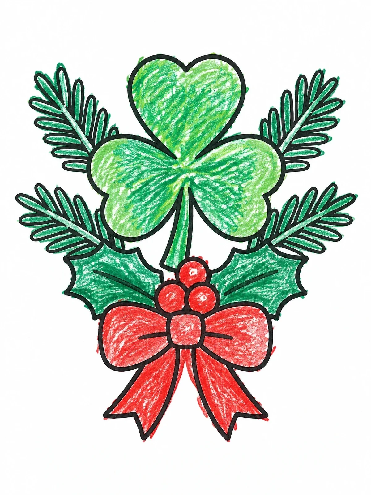 Colored example of the Festive Shamrock And Winter Greenery Arrangement coloring page