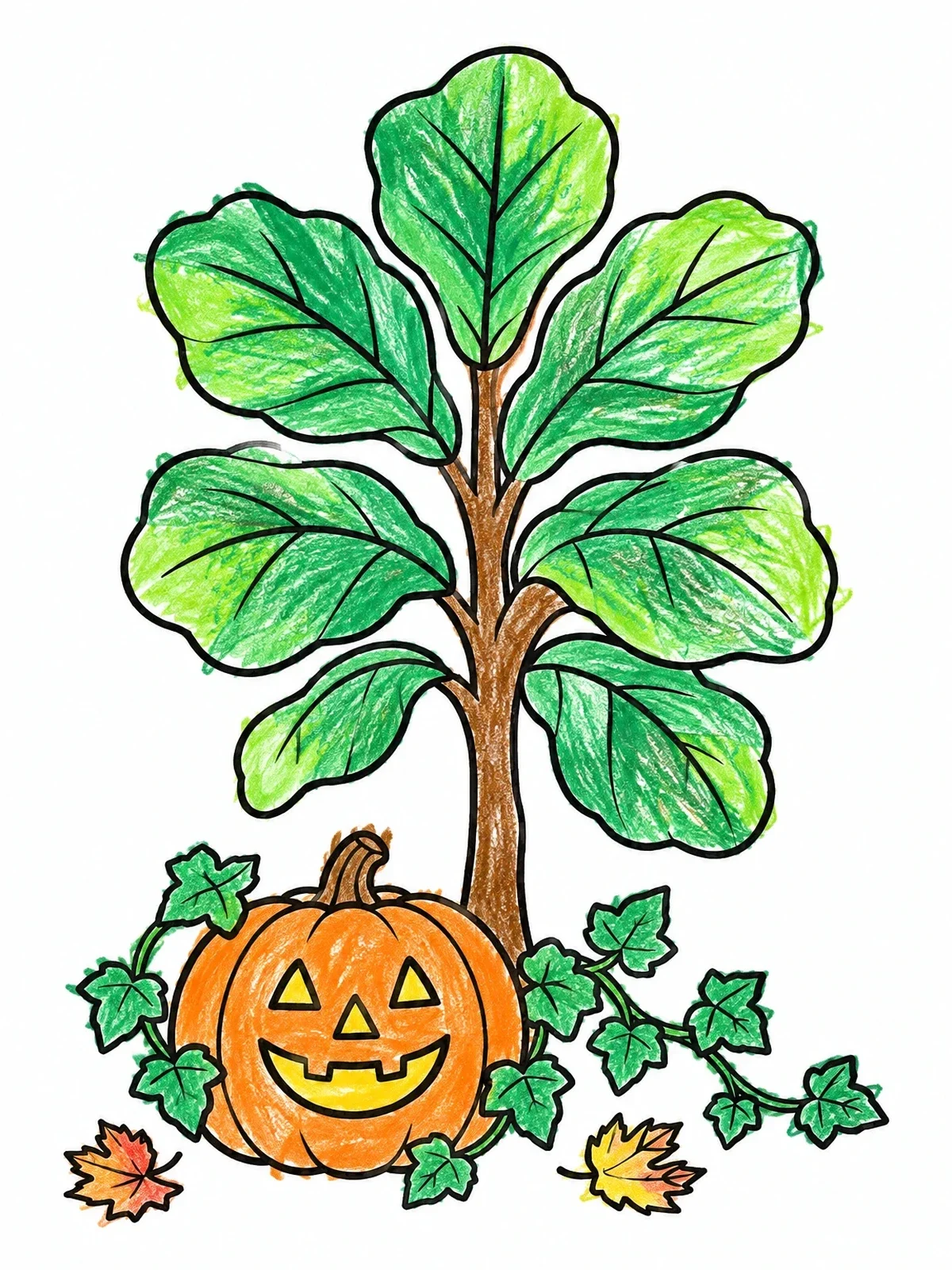 Colored example of the Fiddle Leaf Fig With Carved Pumpkin coloring page