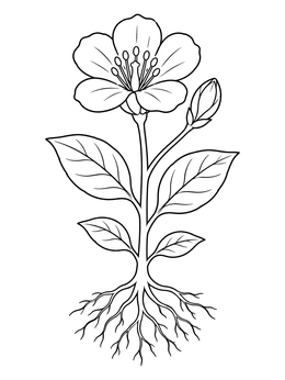 A detailed plant coloring page showing roots, stem, leaves, and a blossom.