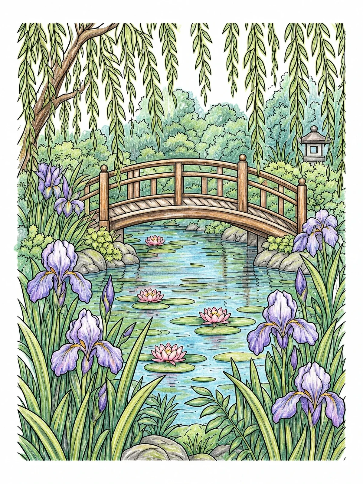 Colored example of the Botanical Garden Bridge And Water Lilies coloring page