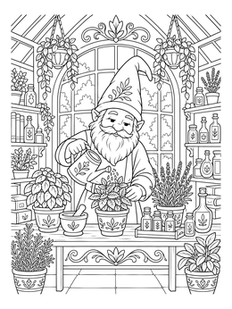 A friendly gnome coloring page tending potted herbs and glass vials in a greenhouse.
