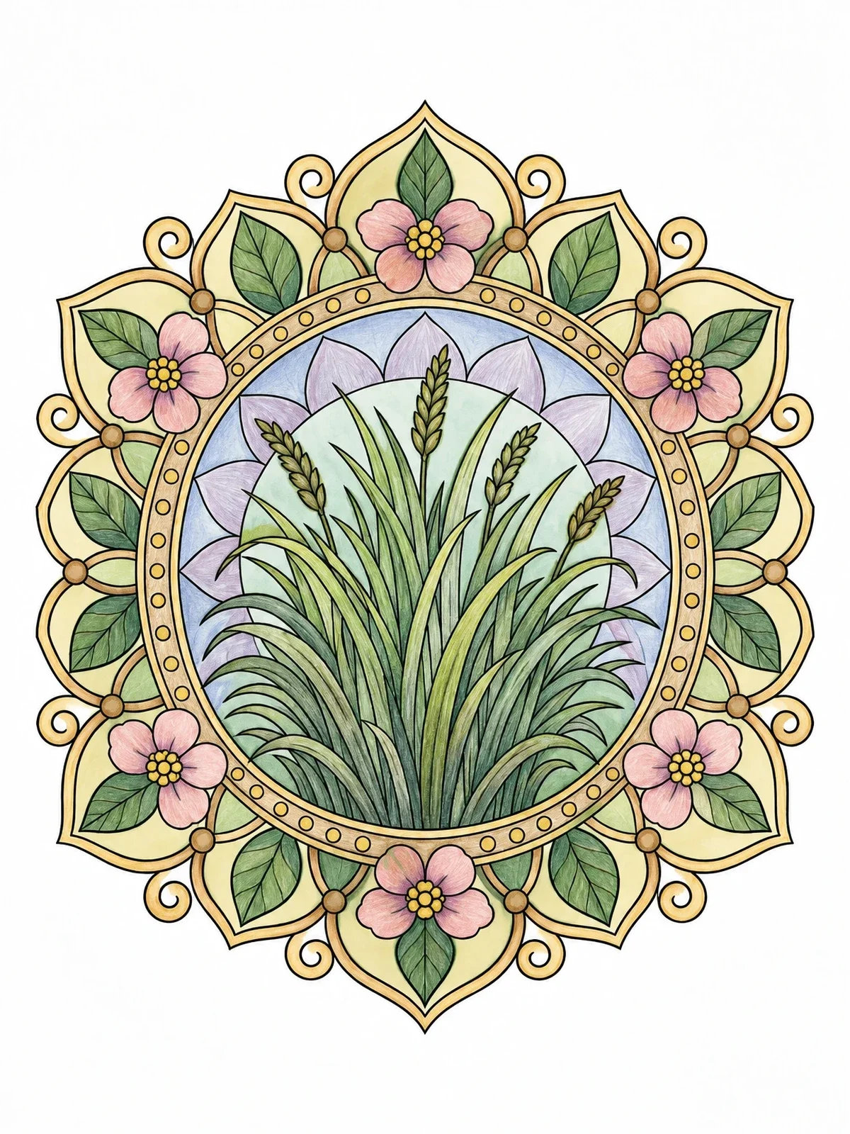 Colored example of the Botanical Grass Mandala Pattern coloring page