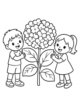 Free printable Kids With Giant Hydrangea Flower coloring page