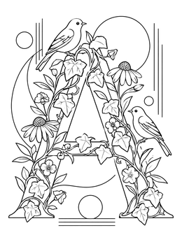 Intricate letter a coloring page entwined with blooming flowers, ivy leaves, and two perched songbirds.