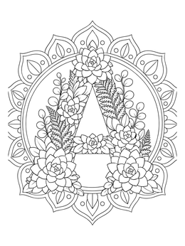 Detailed letter a coloring page decorated with succulents, ferns, and mandala patterns.