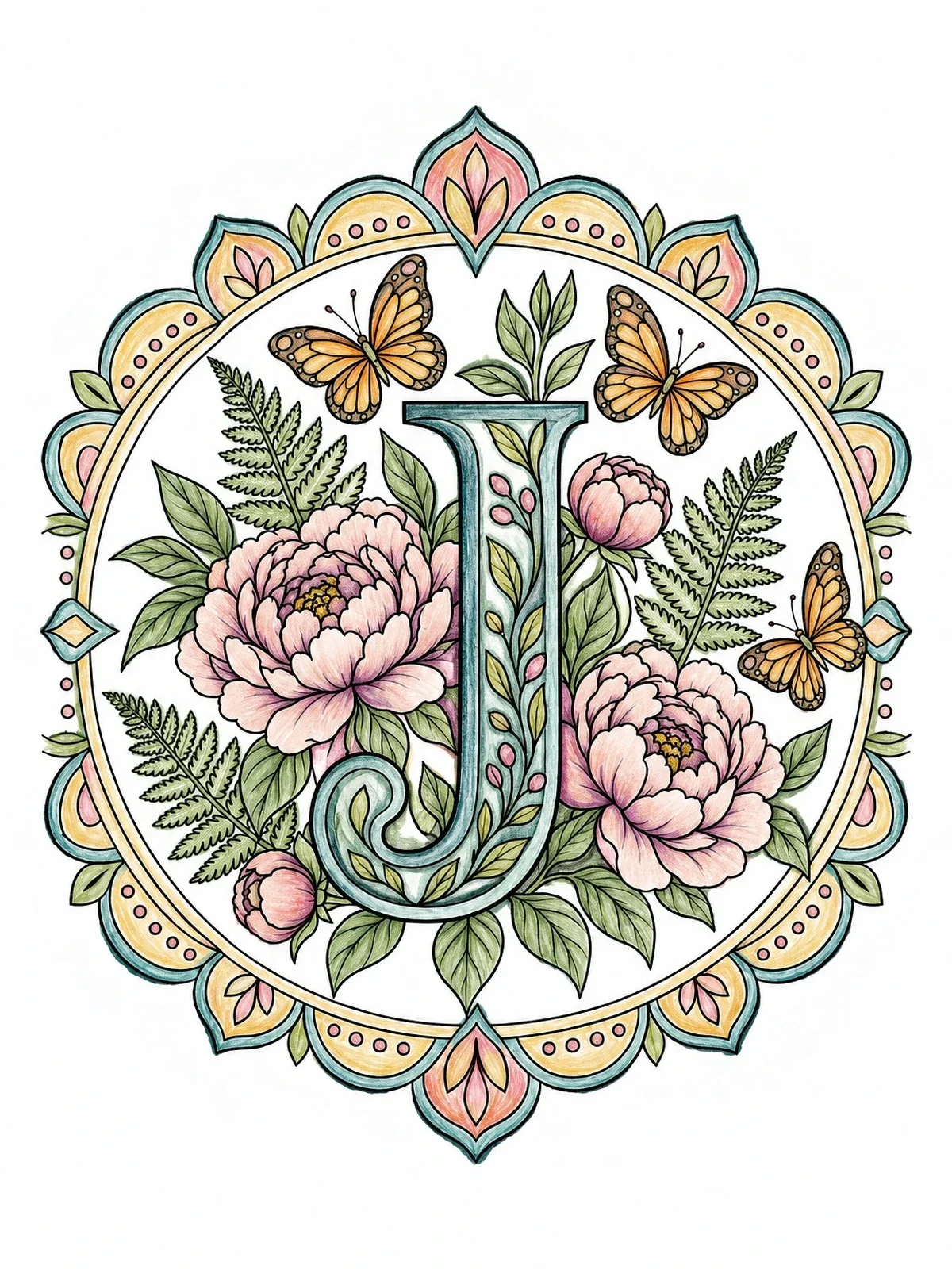 Colored example of the Botanical Letter J Mandala coloring page
