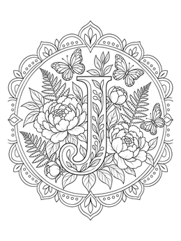 An intricate letter j coloring page surrounded by peonies, ferns, and butterflies in a circular frame.