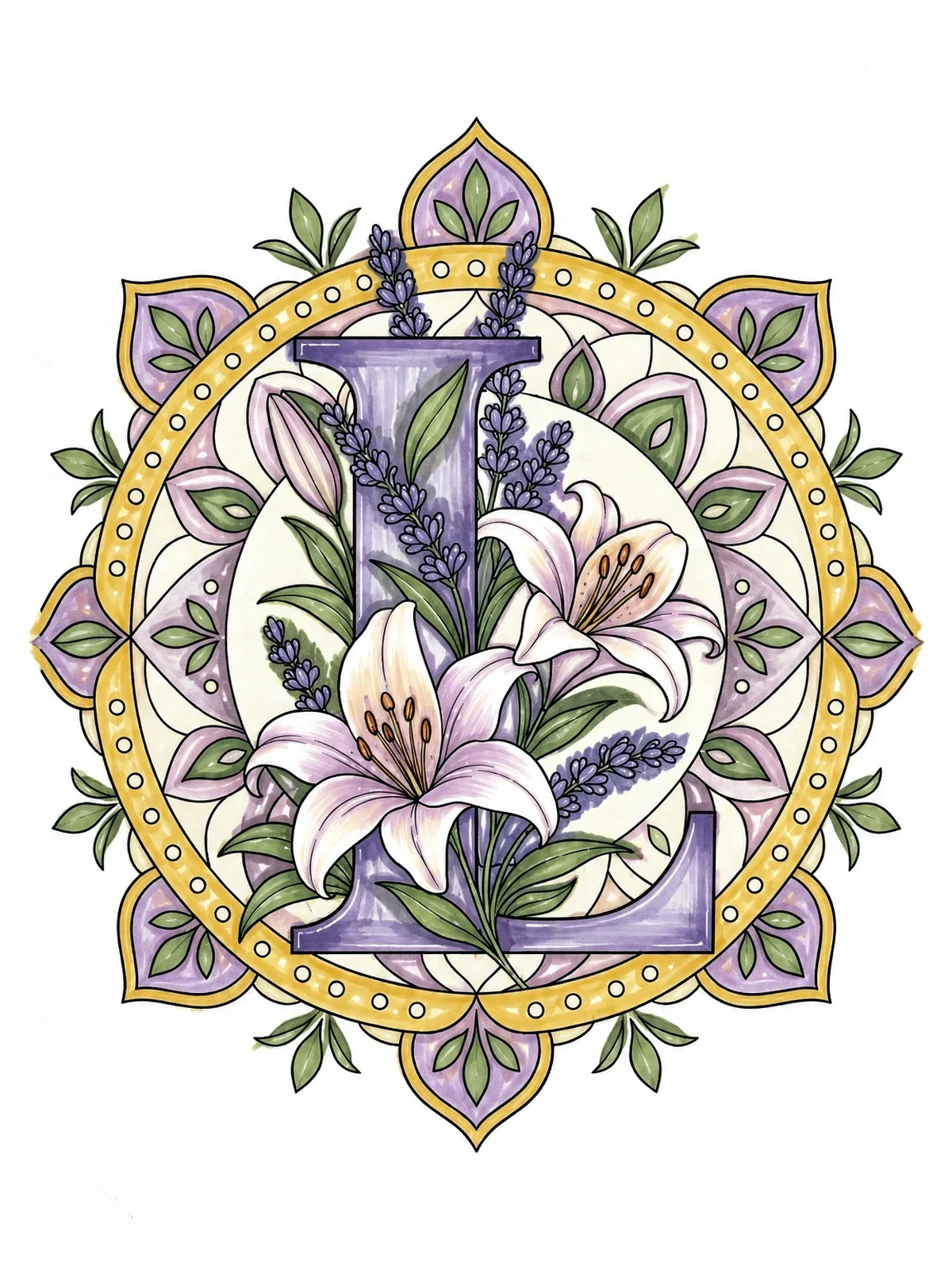Colored example of the Botanical Letter L With Lilies Mandala coloring page