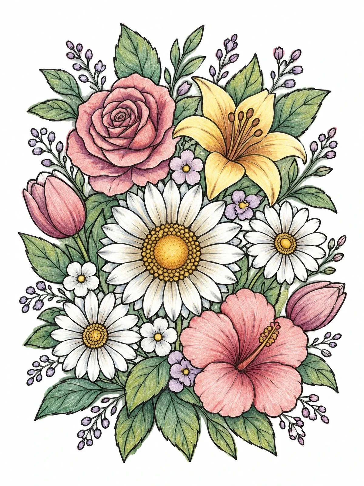 Colored example of the Lush Blooming Garden Bouquet coloring page