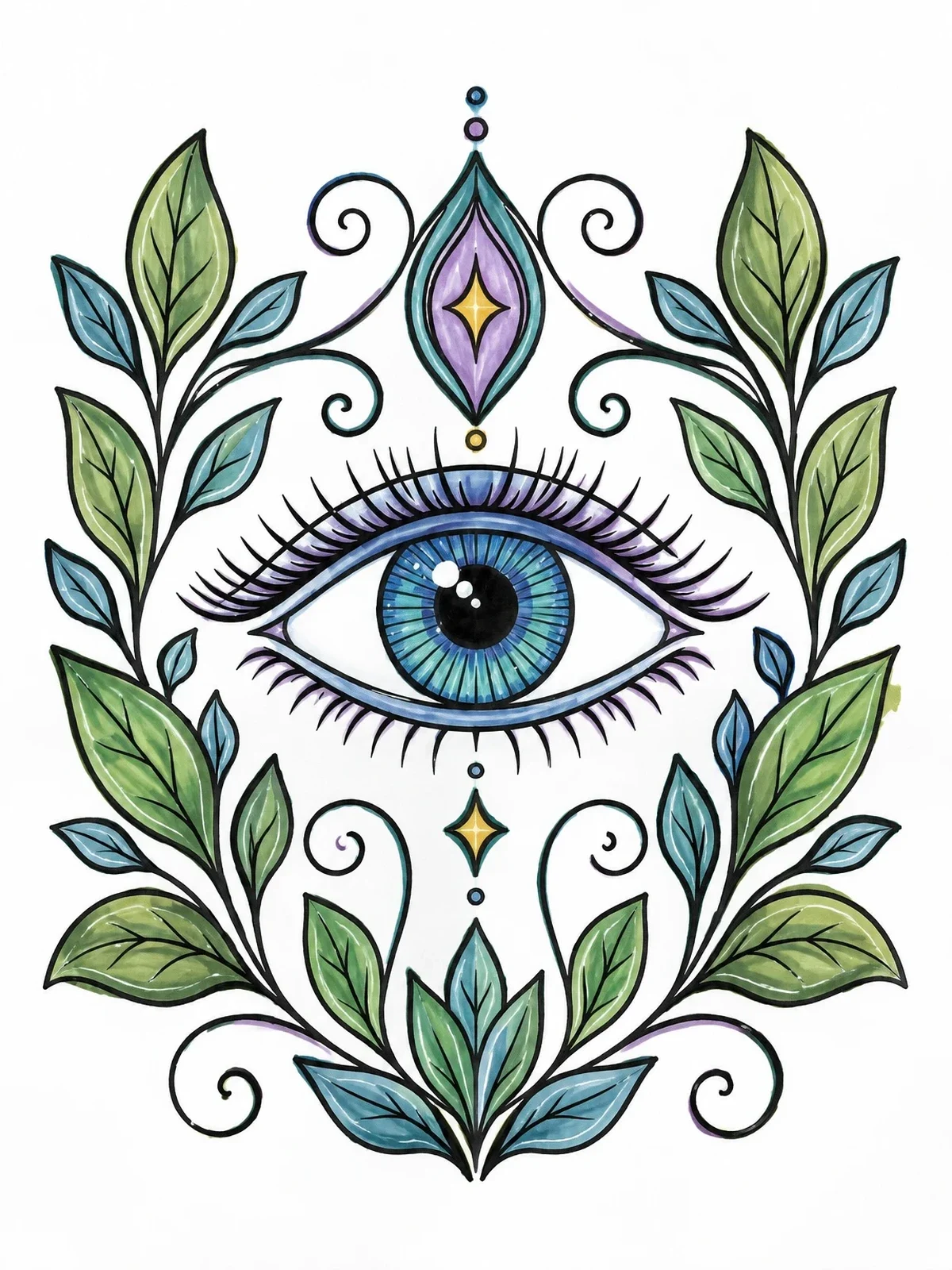 Colored example of the Botanical Mystical Evil Eye Amulet coloring page