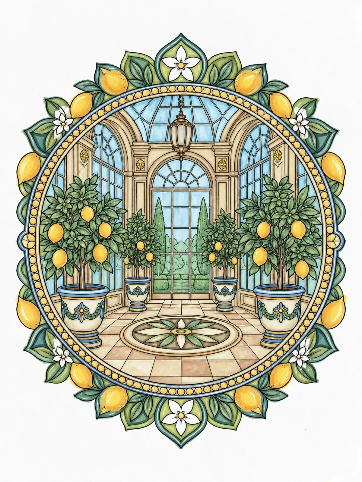 Colored example of the Sunlit Orangery Citrus Mandala coloring page