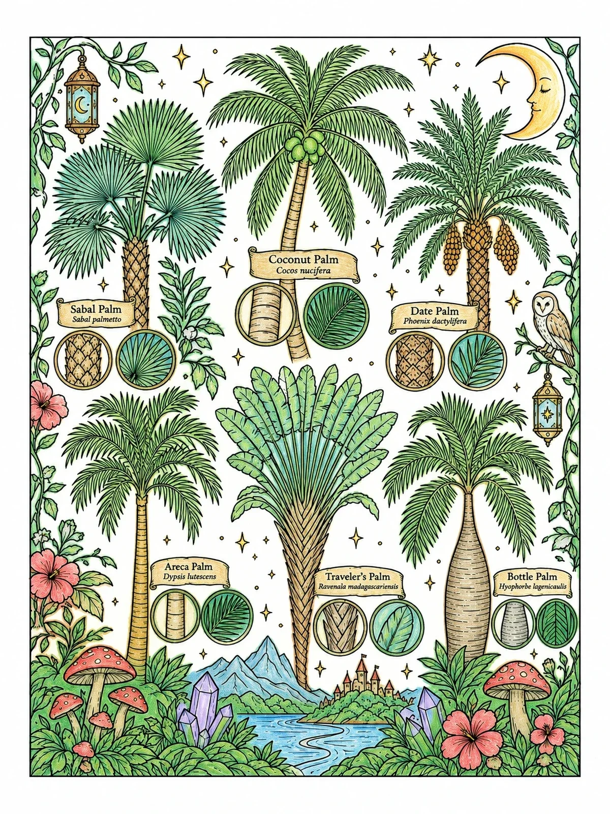 Colored example of the Botanical Palm Tree Species Study coloring page
