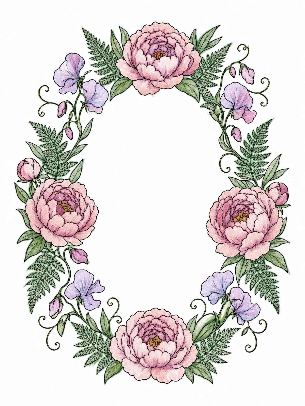 Colored example of the Peony And Fern Floral Wreath Frame coloring page