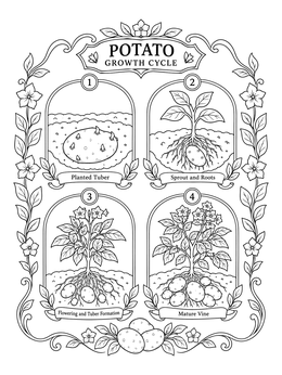 A detailed potato plants coloring page displaying the four stages of potato growth in an ornate frame.