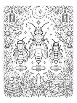 An intricate bee coloring page displaying a drone, queen, and worker bee surrounded by flowers and crystals.