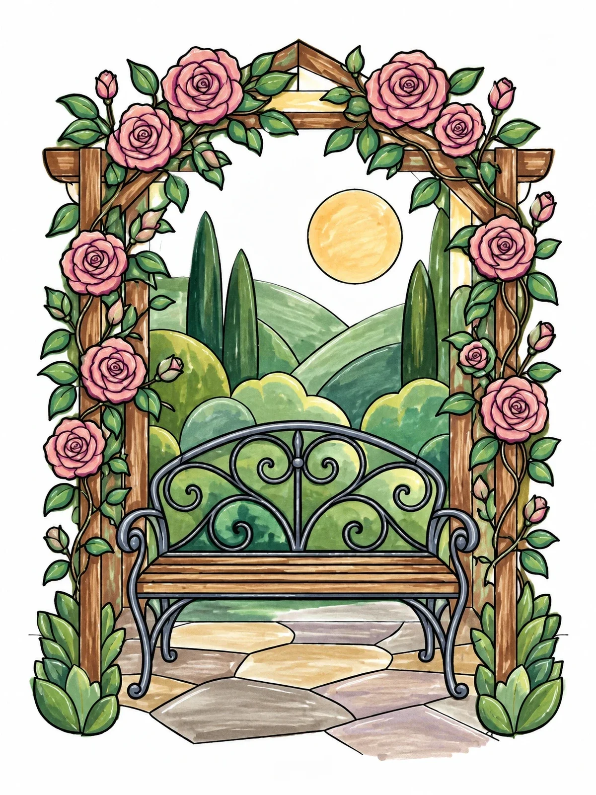 Colored example of the Rose Arbor And Garden Bench coloring page