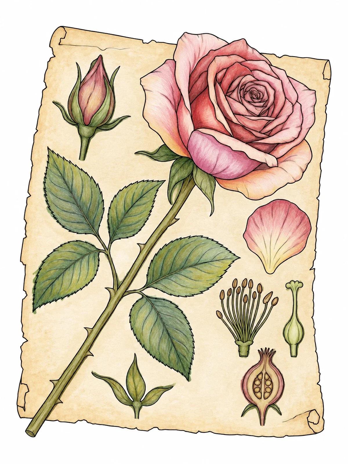 Colored example of the Botanical Rose Study On Parchment coloring page