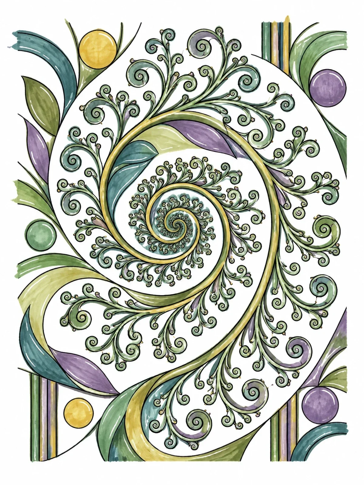 Colored example of the Botanical Spiral Fractal Pattern coloring page