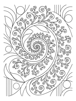 An intricate spiral in this fractal coloring page features curled botanical tendrils and swirls.