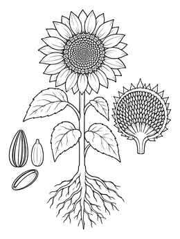 Botanical sunflower coloring page showing roots, stem, bloom, seed cross section, and seeds.