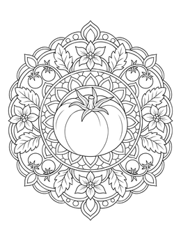 Intricate tomato coloring page surrounded by floral mandala patterns.