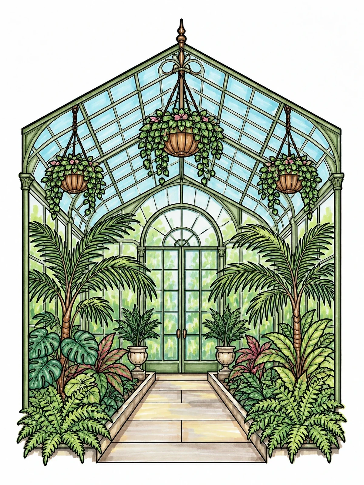 Colored example of the Victorian Greenhouse With Tropical Plants coloring page