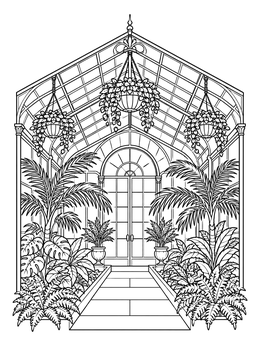Free printable Victorian Greenhouse With Tropical Plants coloring page