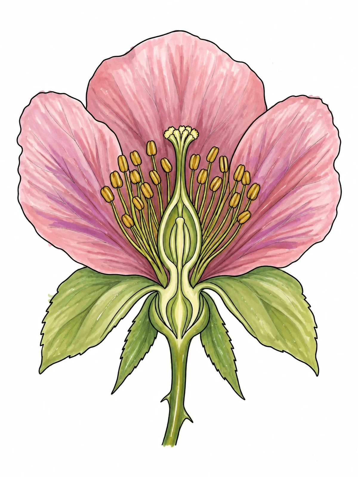 Colored example of the Botanical Wild Rose Cross Section coloring page
