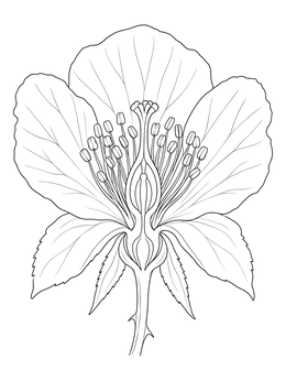 Botanical wild rose coloring page showing internal flower anatomy.