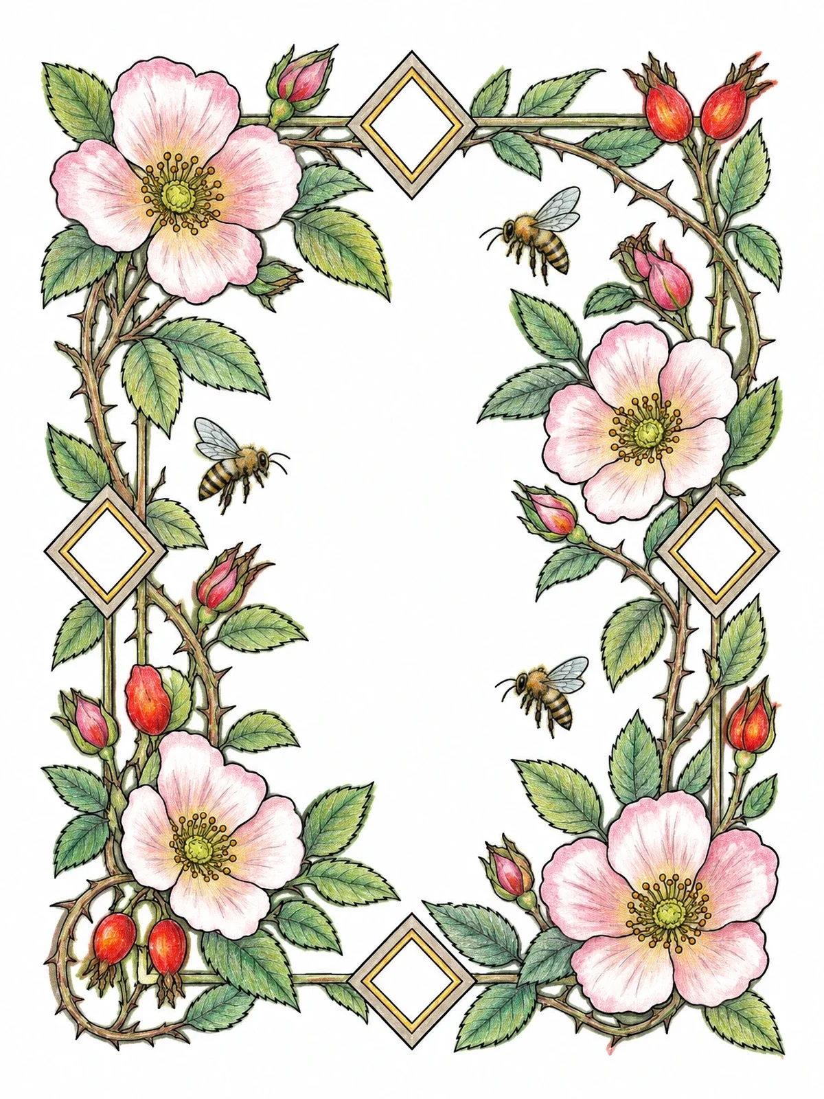 Colored example of the Wild Roses And Bees Border coloring page