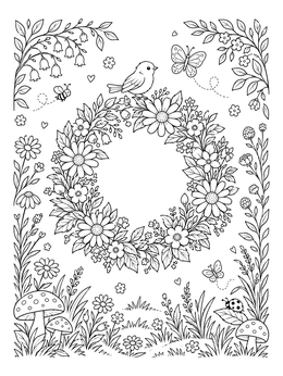 Free printable Wildflower Floral Wreath With Bird coloring page
