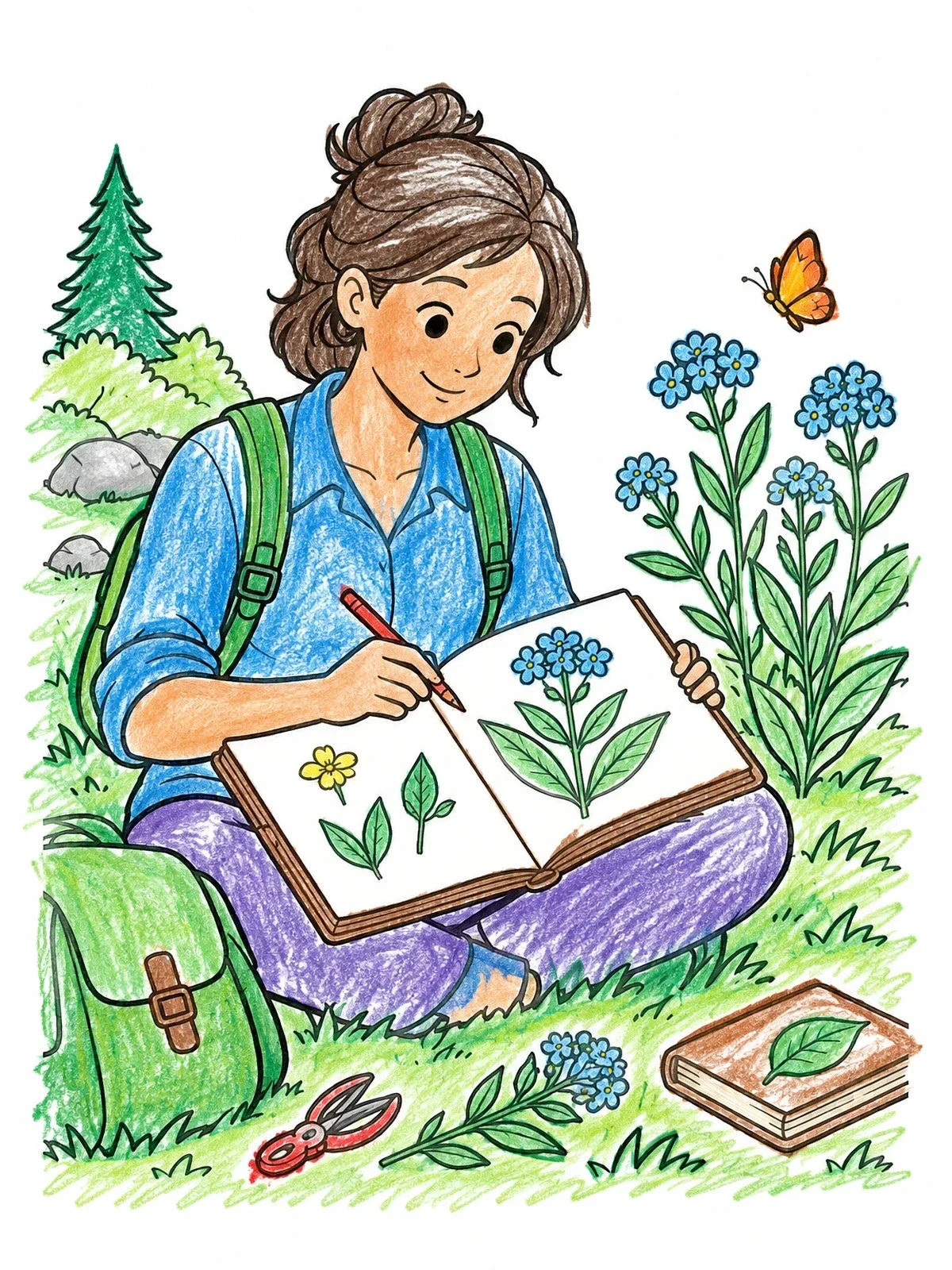 Colored example of the Young Botanist Sketching Wildflowers coloring page