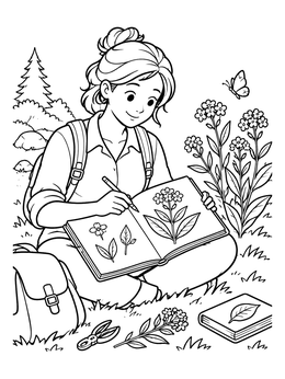 Free printable Young Botanist Sketching Wildflowers coloring page