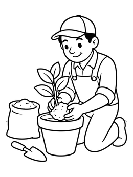 Free printable Young Gardener Planting A Seedling coloring page
