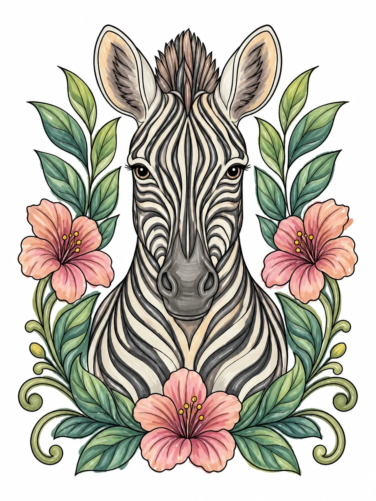 Colored example of the Botanical Zebra Portrait coloring page