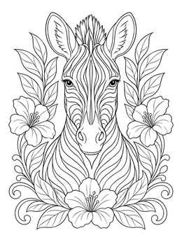 Detailed zebra coloring page surrounded by tropical flowers and leaves.