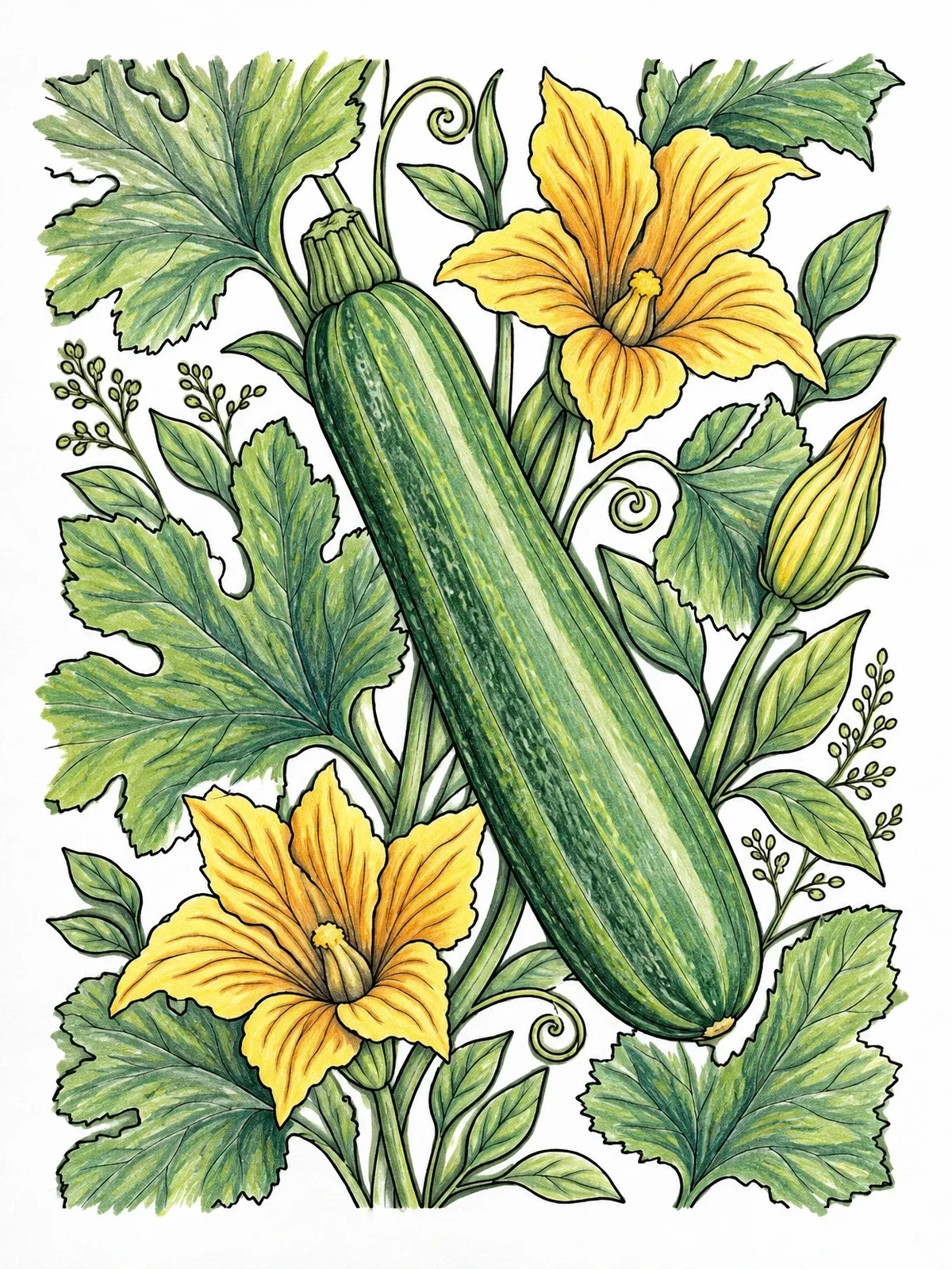Colored example of the Botanical Zucchini With Blossoms And Leaves coloring page