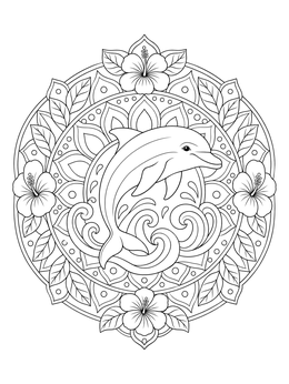 A playful bottlenose dolphin jumping among waves inside a floral dolphin coloring page mandala.