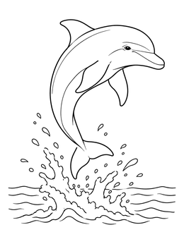A cheerful dolphin coloring page featuring a dolphin leaping high above splashing ocean water.