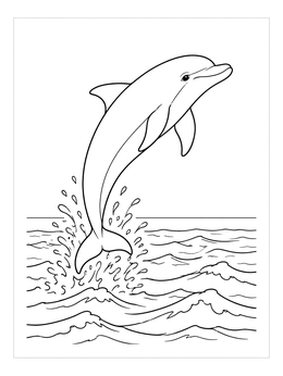 A bottlenose dolphin coloring page showing the animal leaping out of ocean waves.