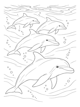 A pod of ocean creatures glides gracefully through gentle water currents in this dolphin coloring page.