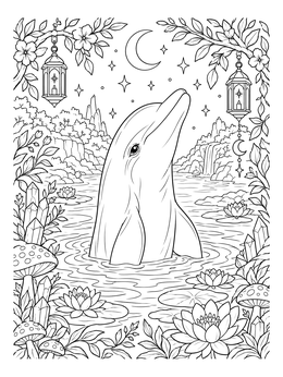 Bottlenose Dolphin Spyhopping Under Crescent Moon coloring page