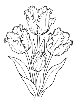 A detailed bouquet featured in this tulip coloring page with ruffled petals.
