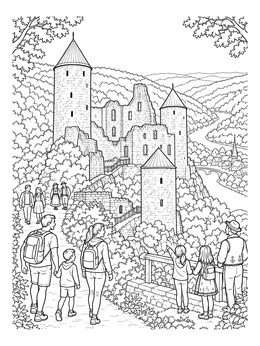 Hikers viewing historic Bourscheid Castle on a luxembourg coloring page with forested hills and river.