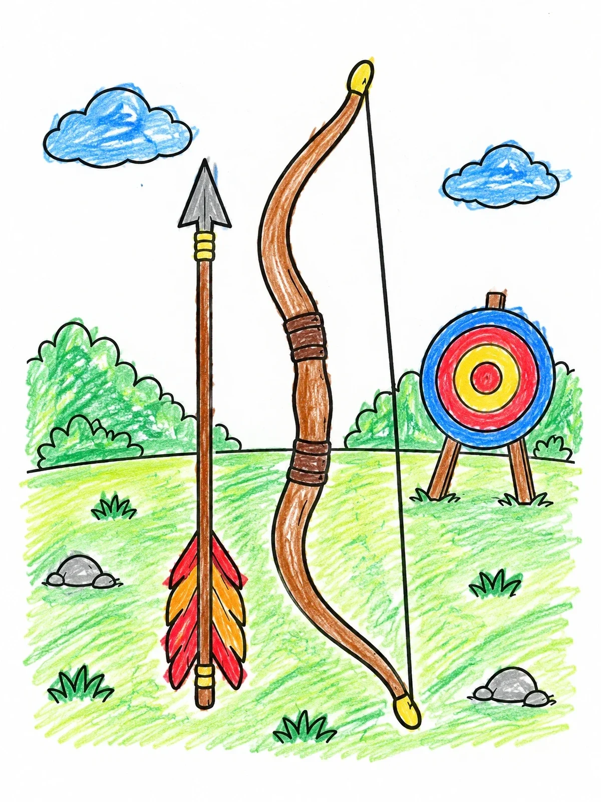 Colored example of the Bow, Arrow, And Target Outdoors coloring page