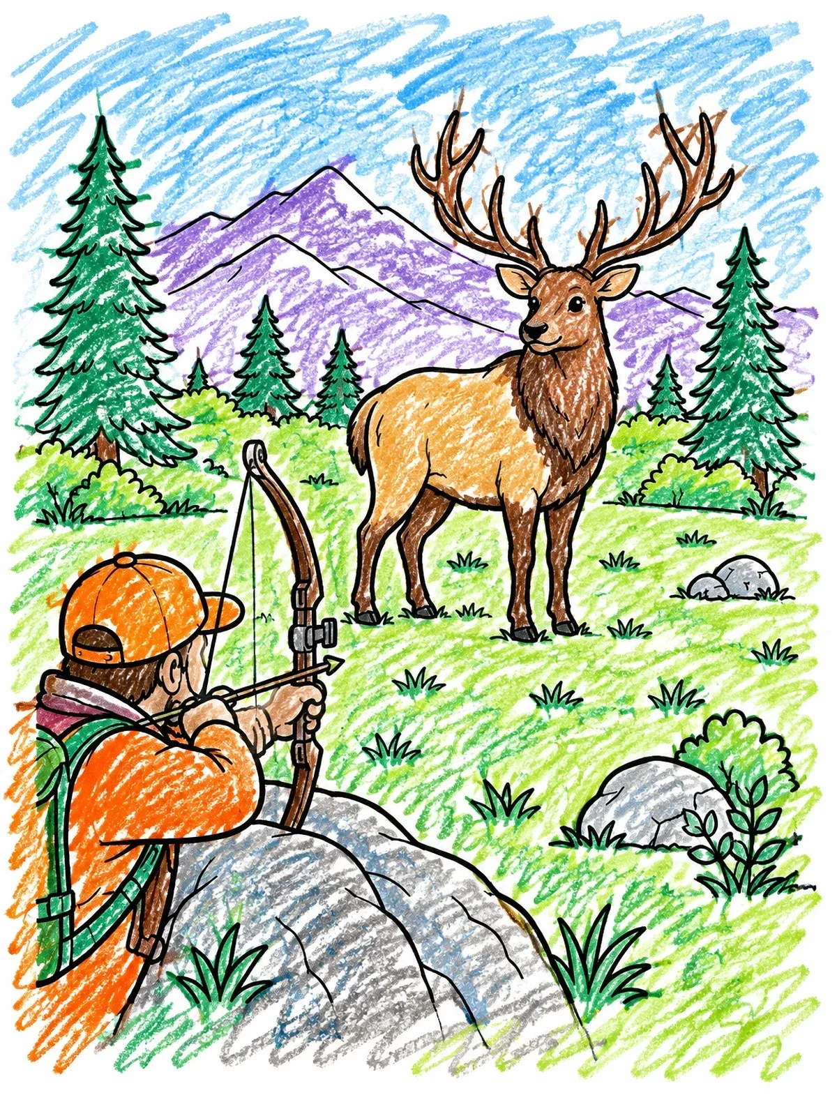 Colored example of the Bowhunter And Bull Elk In The Forest coloring page