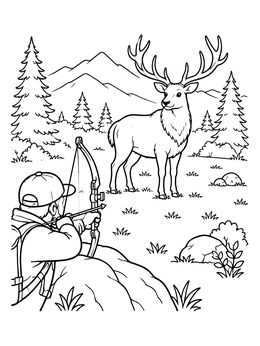 Free printable Bowhunter And Bull Elk In The Forest coloring page