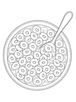 An overhead cereal coloring page showing a round bowl filled with loop cereal, milk, and a spoon.