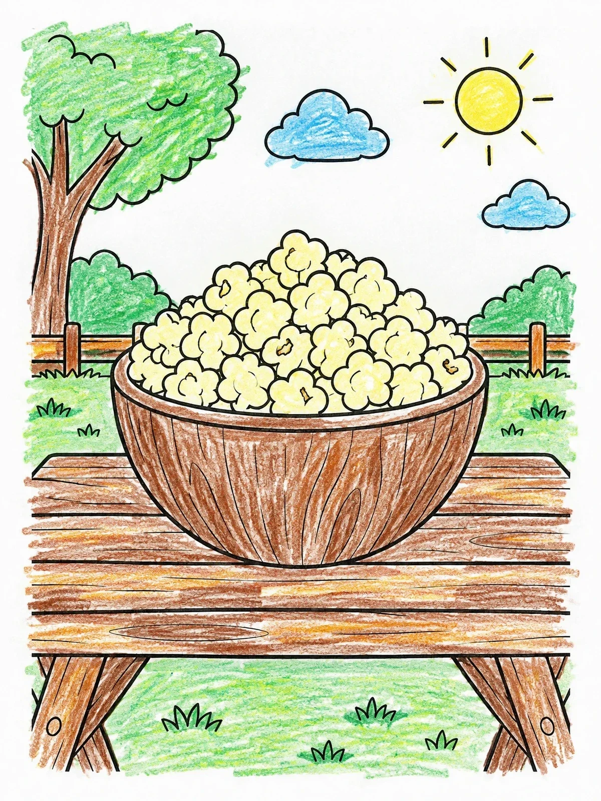 Colored example of the Bowl Of Popcorn On Picnic Table coloring page